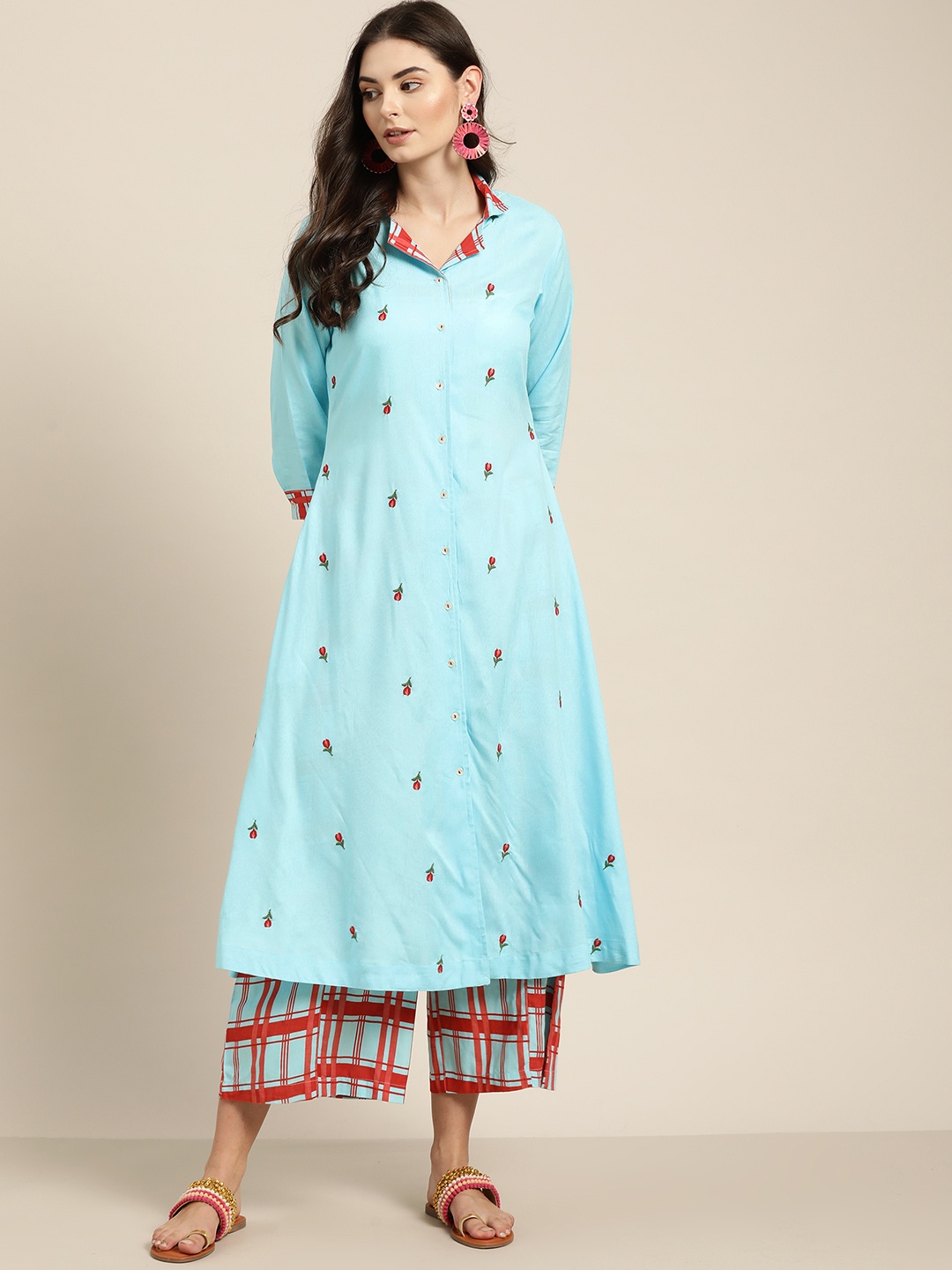 

Sangria Women Blue & Red Floral Embroidered Kurta with Palazzos