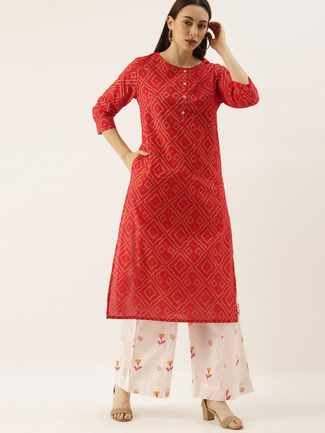 

Sangria Women Red Bandhani Printed Pure Cotton Kurta with Palazzos