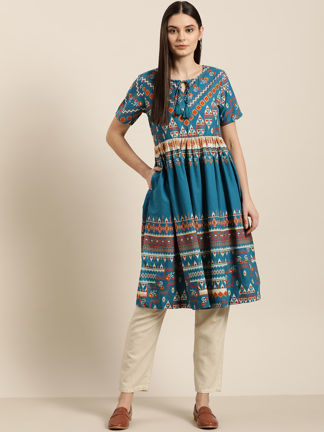 

Sangria Women Blue & Cream-Coloured Ethnic Motifs Print Pure Cotton A-Line Kurta