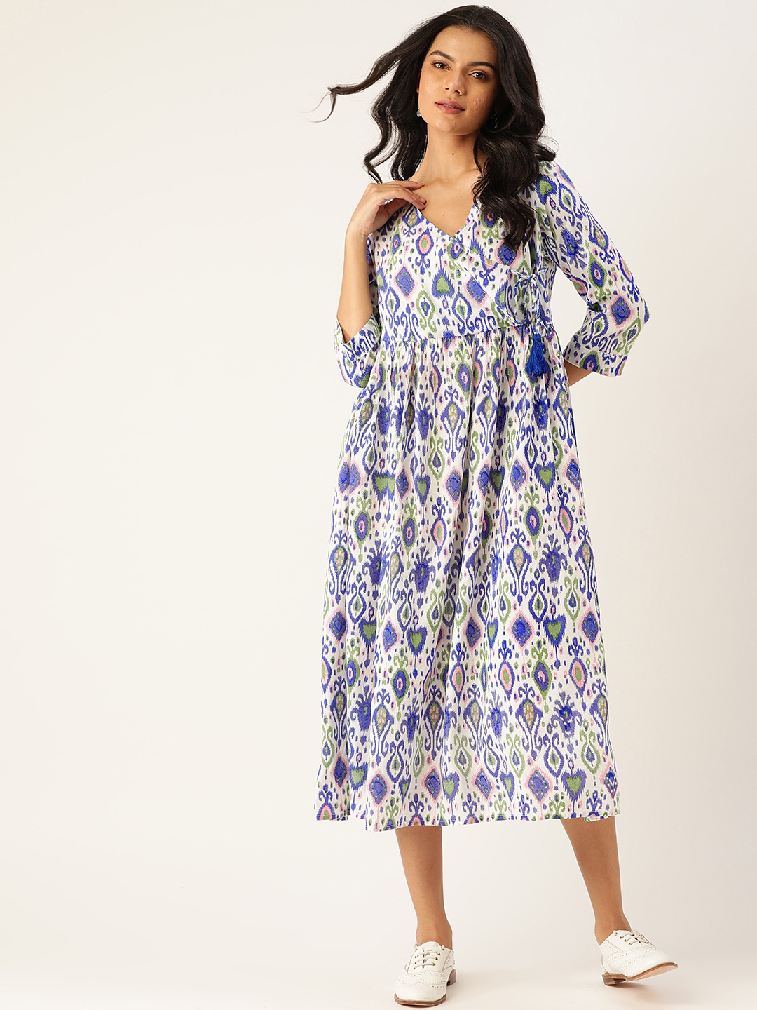 

Sangria White & Blue Ethnic Motifs Ethnic Midi Dress