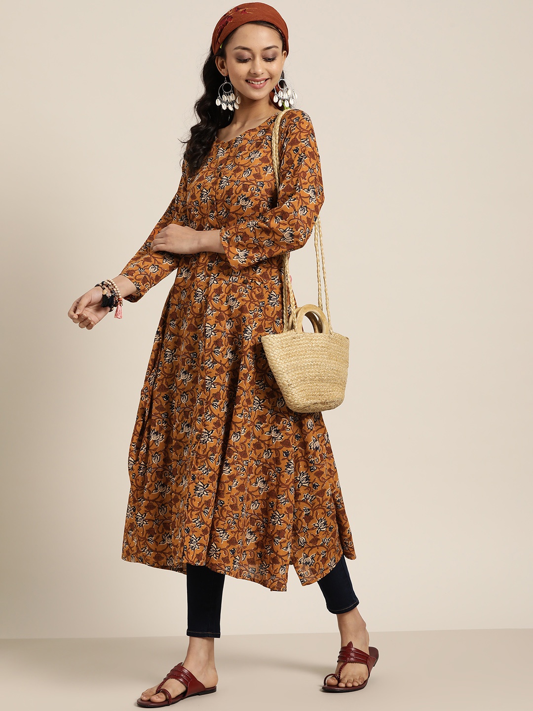 

Sangria Women Mustard Brown & Navy Blue Pure Cotton Printed A-Line Kurta
