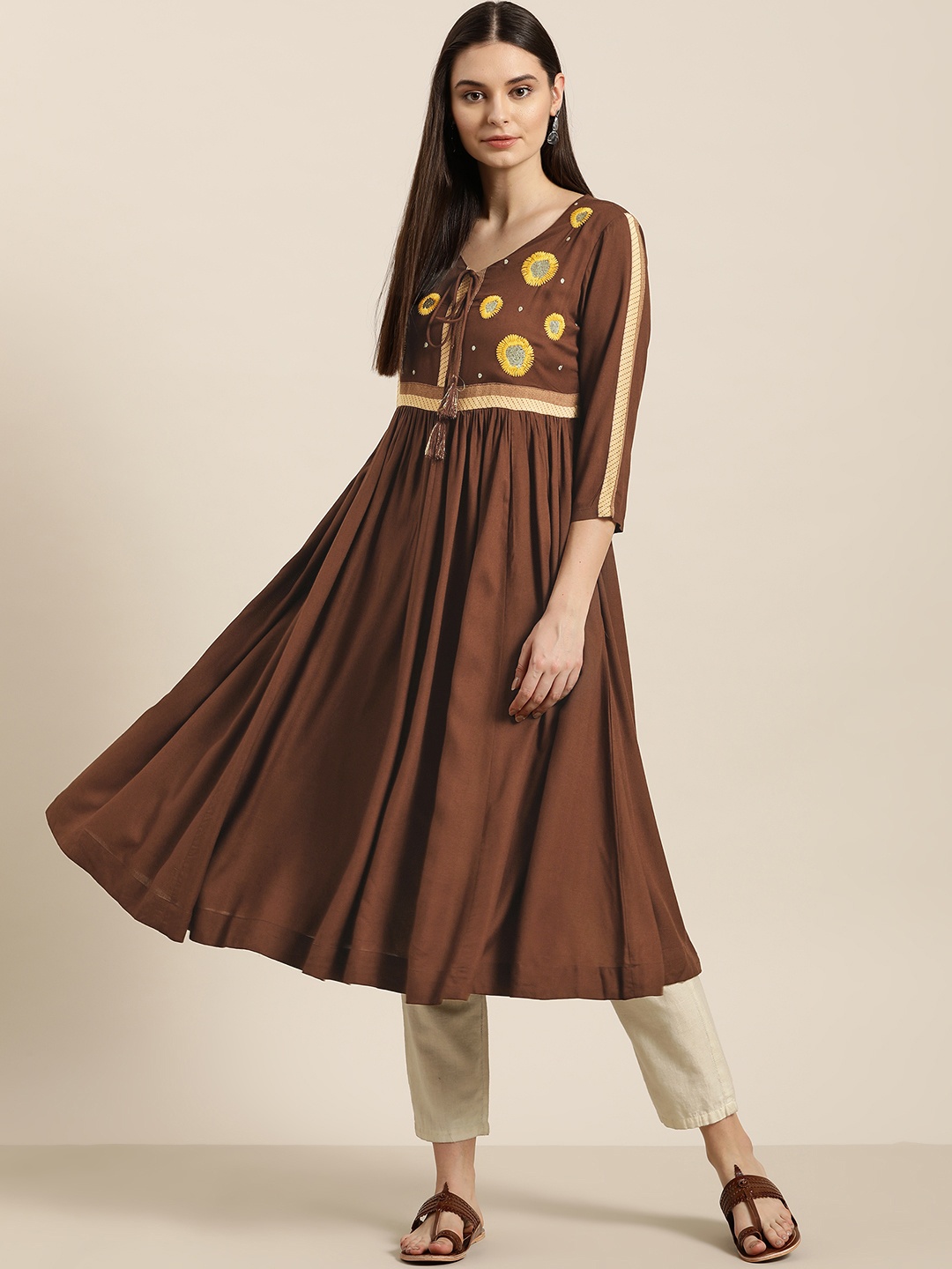

Sangria Women Coffee Brown & Beige Yoke Design A-Line Kurta