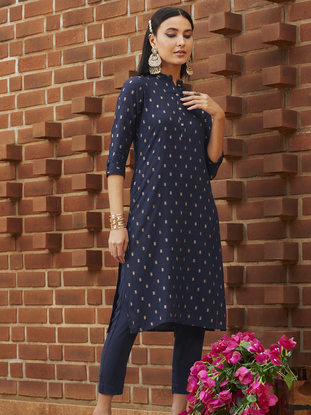 

Sangria Women Navy Blue & Golden Printed Kurta with Trousers