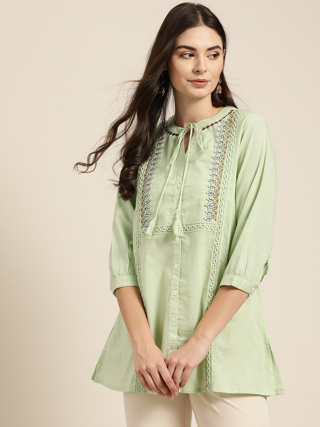 

Sangria Women Green Embroidered Detail Tie-up Neck A-Line Top