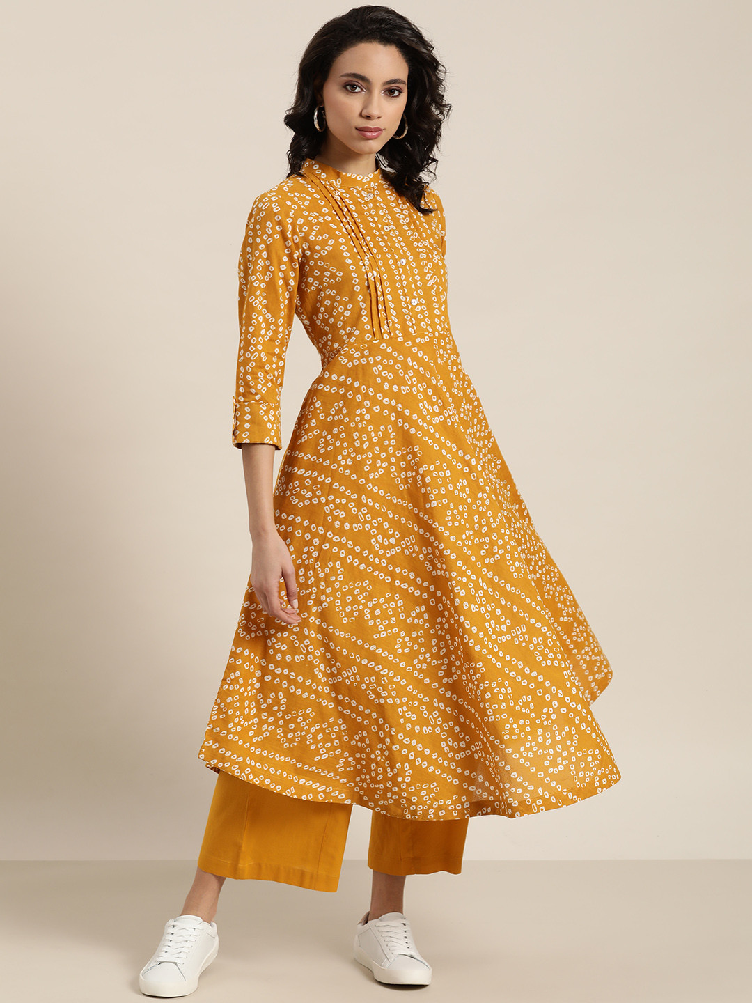 

Sangria Women Mustard Yellow & White Bandhani Pure Cotton Anarkali Kurta with Palazzos
