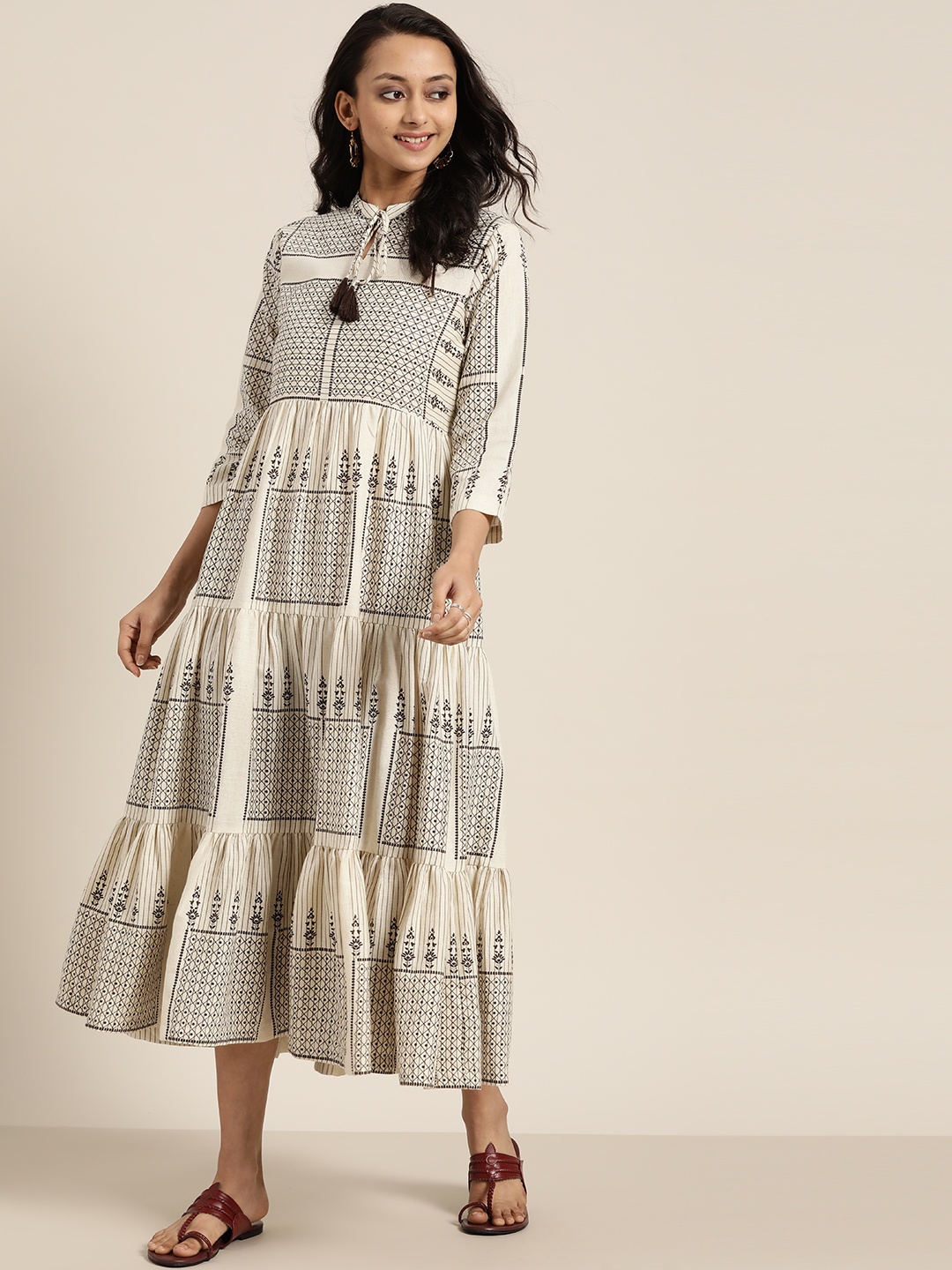 

Sangria Women Off-White & Coffee Brown Printed Tiered A-Line Dress