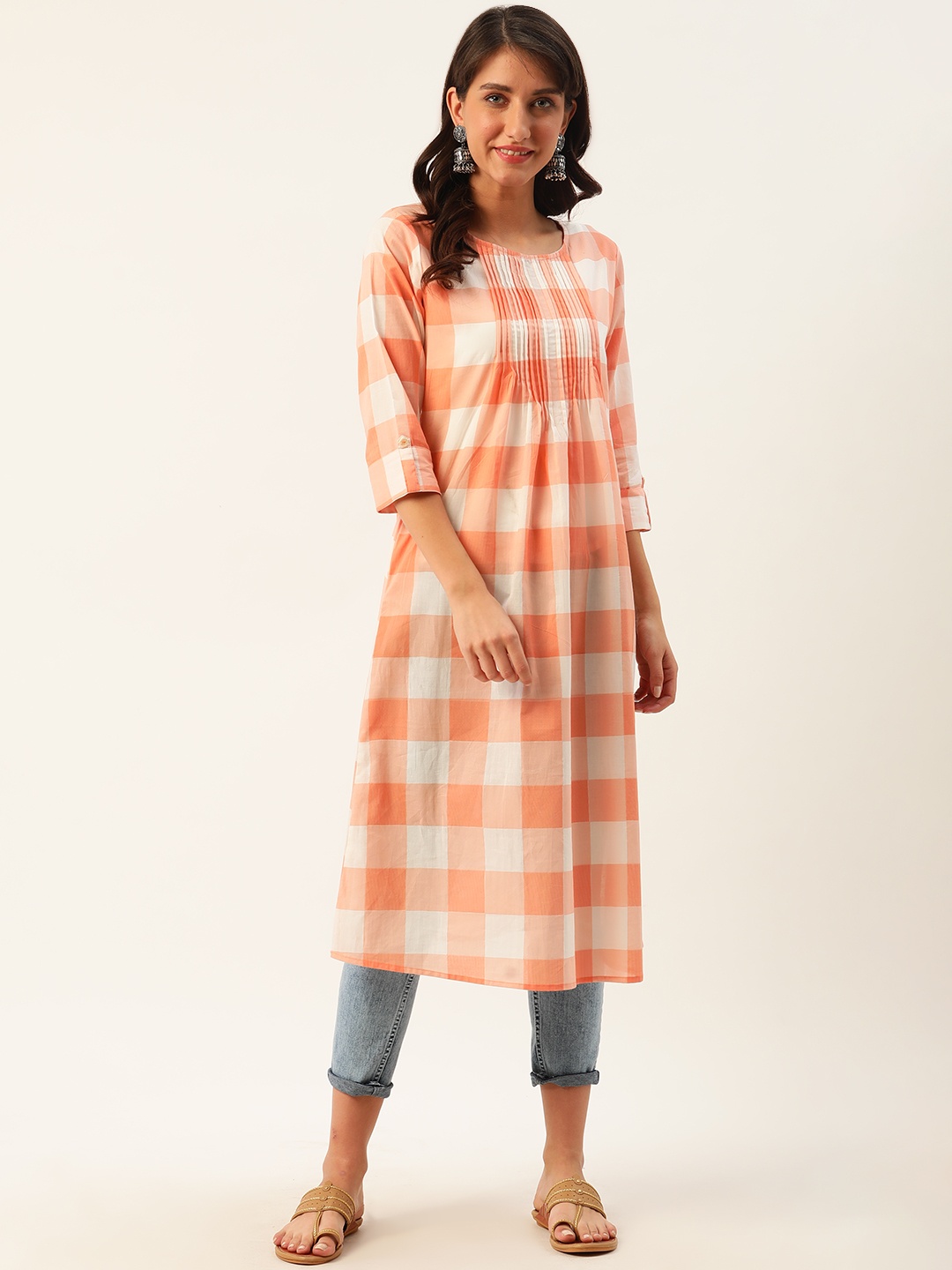 

Sangria Women White & Orange Checked Pure Cotton A-Line Kurta