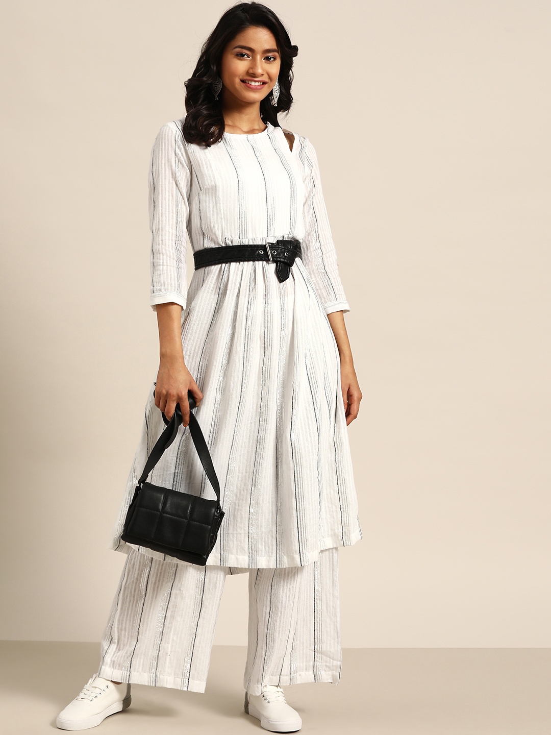 

Sangria Women White & Black Striped A-Line Kurta with Palazzos