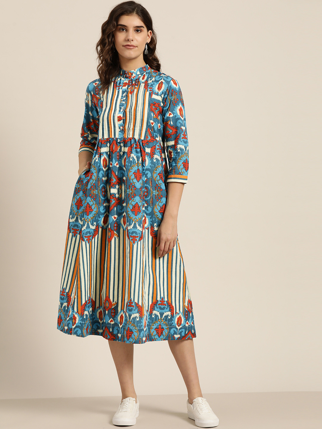 

Sangria Women Blue & Cream-Coloured Pure Cotton Printed A-Line Dress
