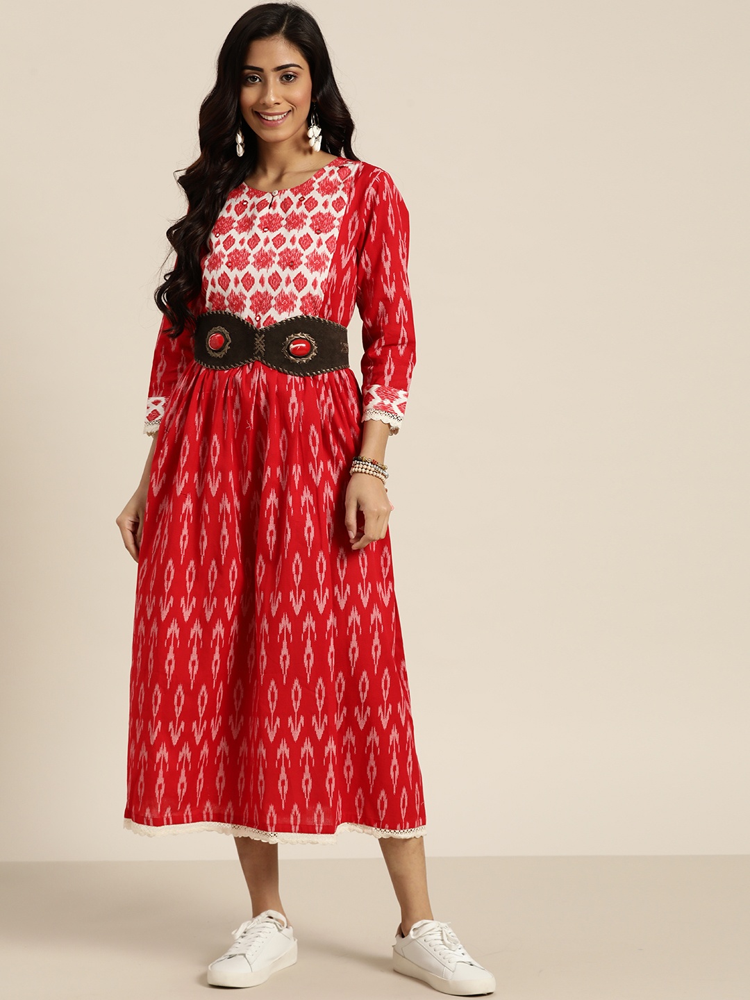 

Sangria Women Red & Off-White Pure Cotton Printed A-Line Dress