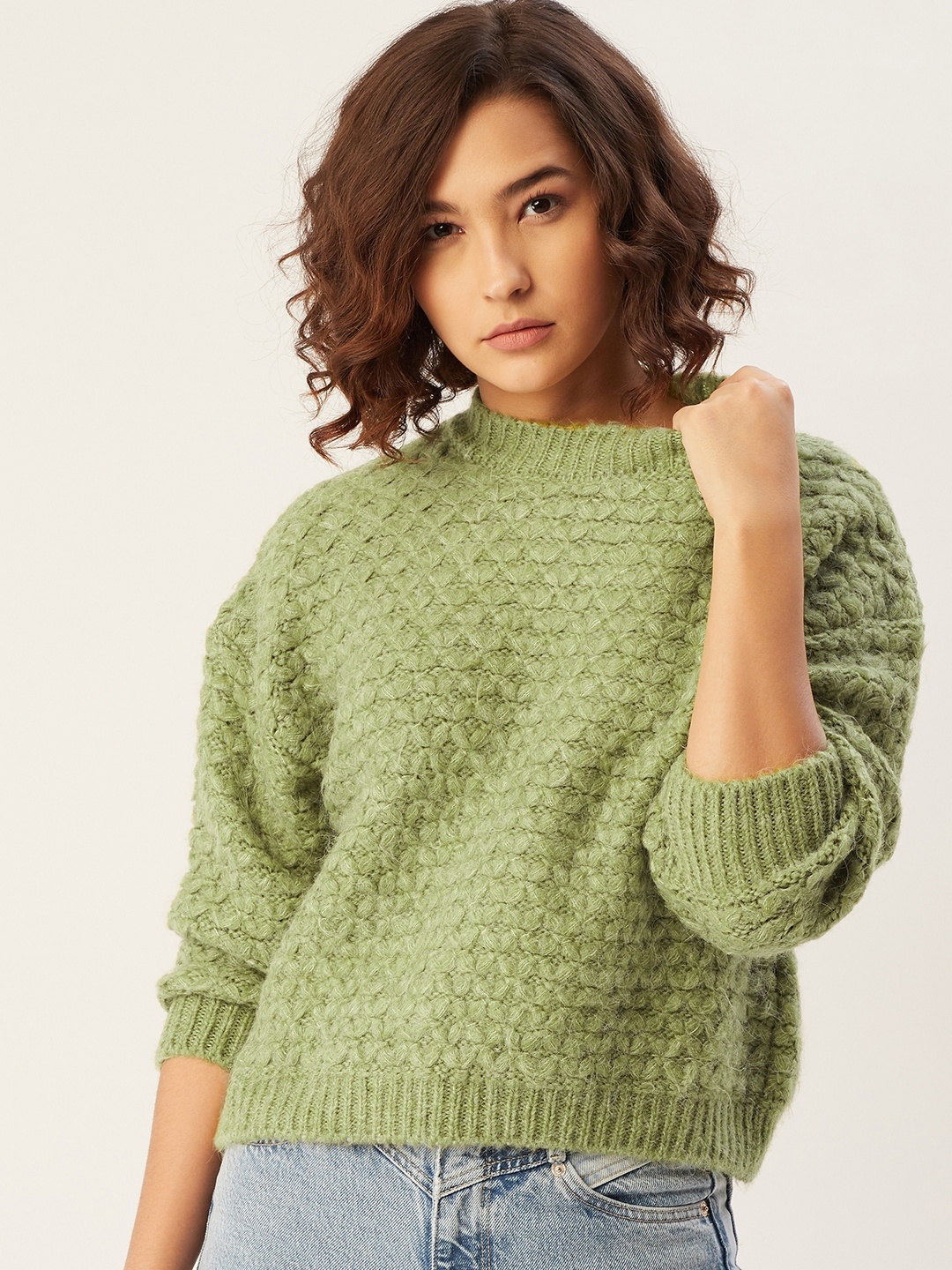 

MANGO Women Green Self-Design Pullover