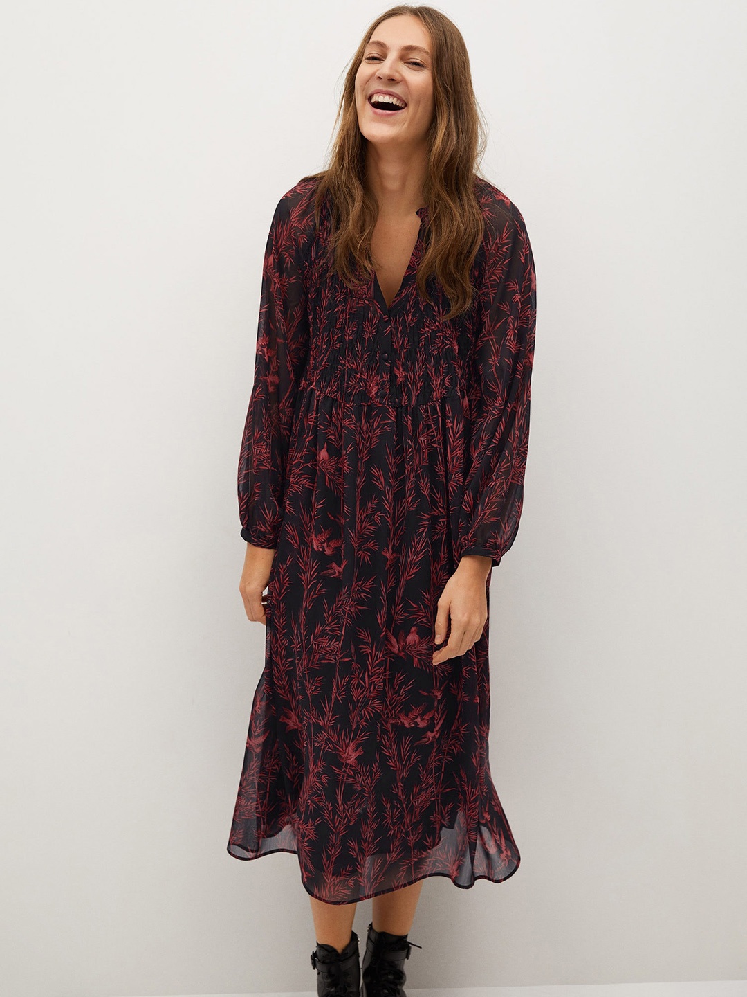 

MANGO Women Black & Red Tropical Printed Semi-Sheer A-Line Dress