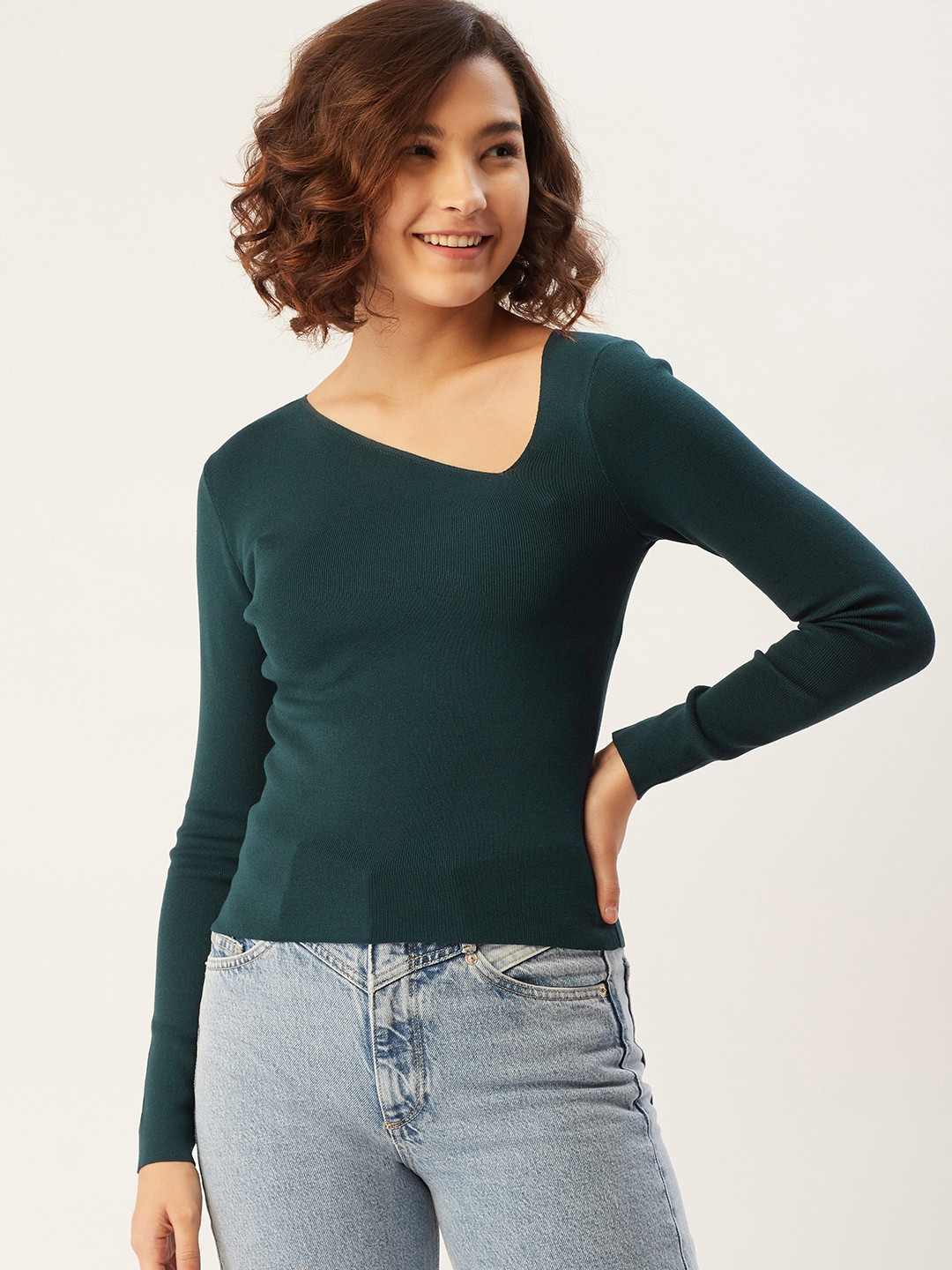 

MANGO Women Teal Blue Asymmetric V-neck Solid Pullover