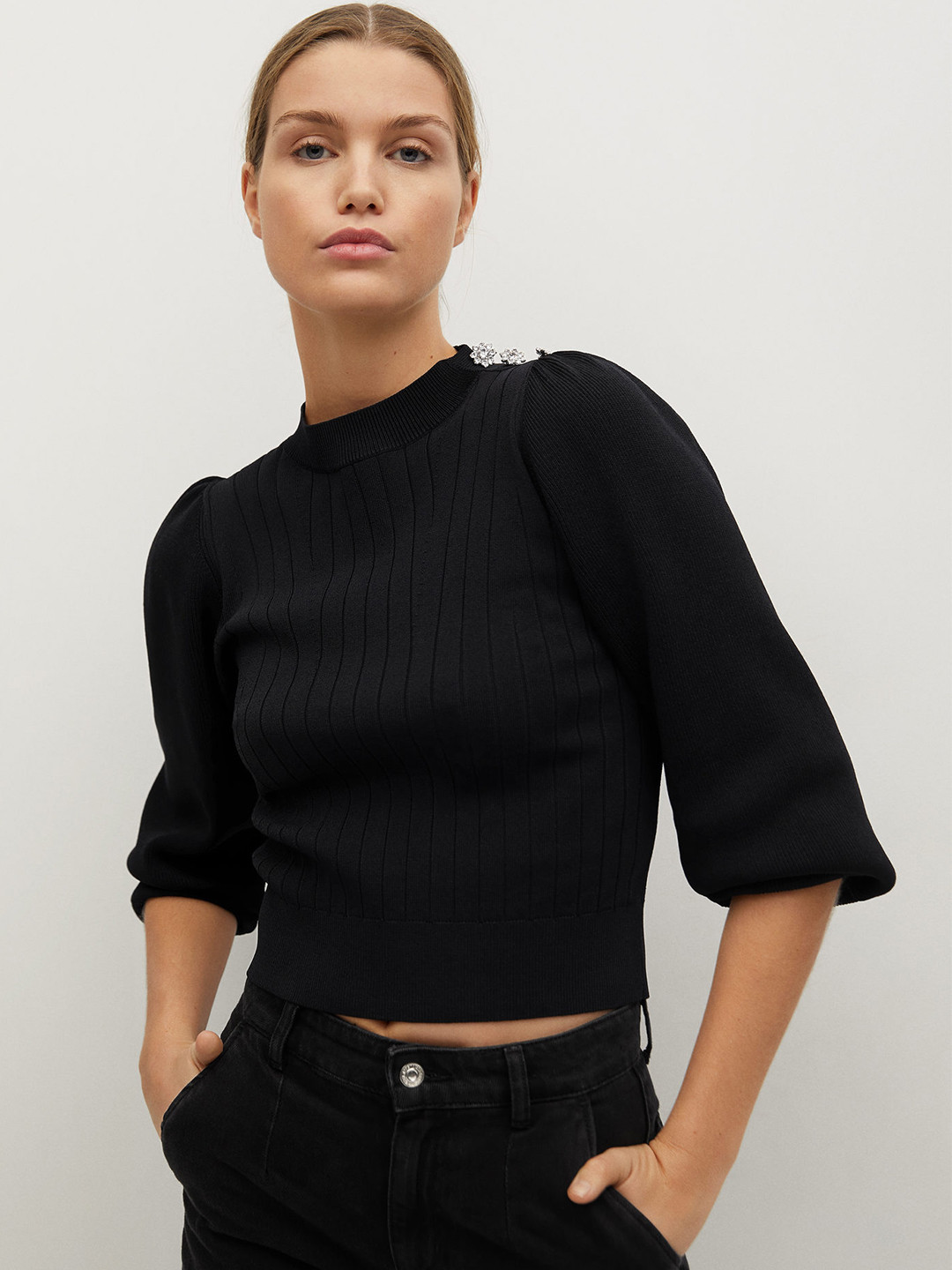 

MANGO Women Black Self Striped Crop Cardigan