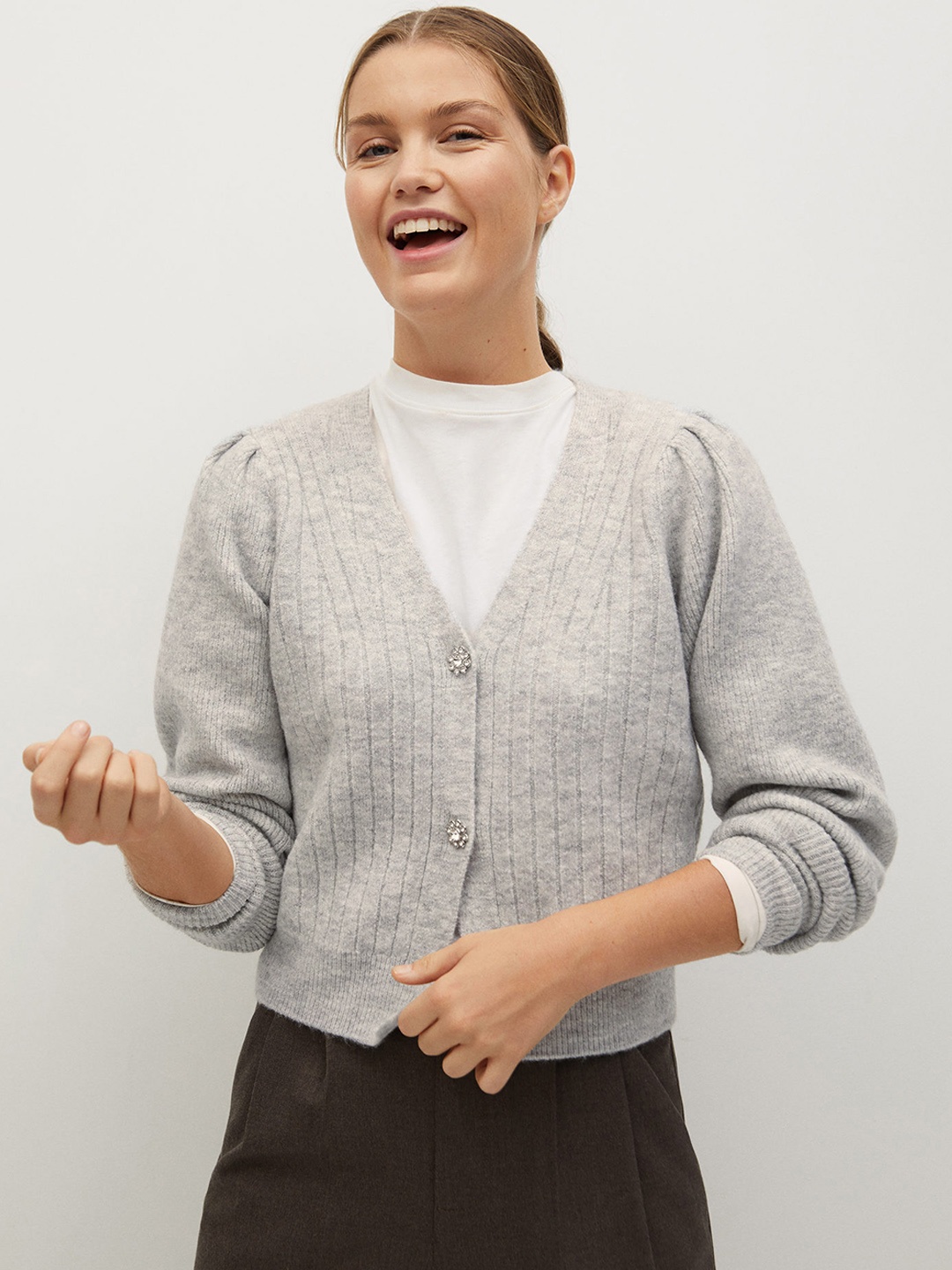 

MANGO Women Grey Melange Solid Cardigan