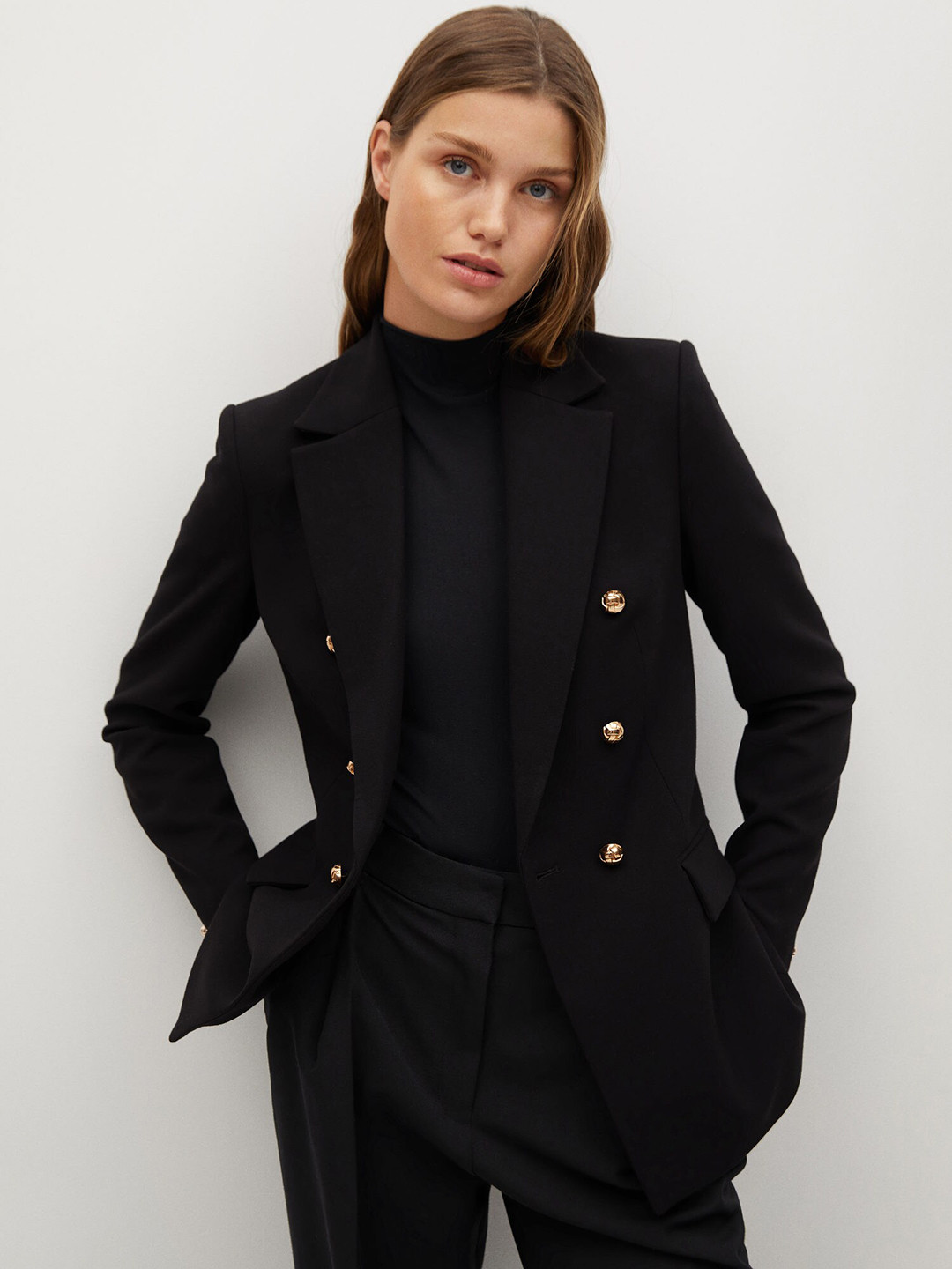 

MANGO Women Black Solid Double-Breasted Formal Blazer