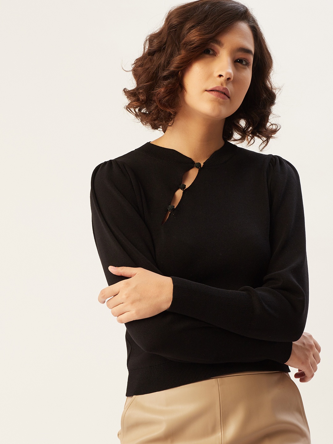 

MANGO Women Black Solid Puff Sleeves Pullover