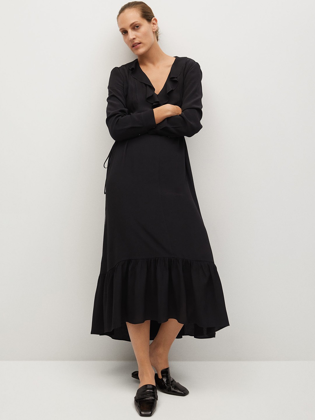 

MANGO Women Black Solid EcoVero Sustainable Asymmetric A-Line Dress & Belt
