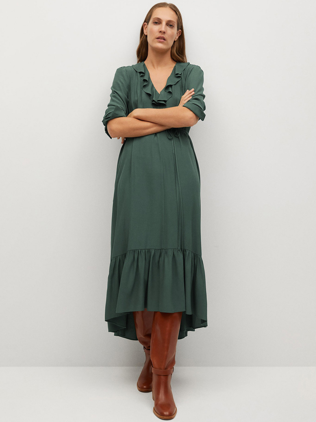 

MANGO Women Green Solid Sustainable Ruffled A-Line Dress