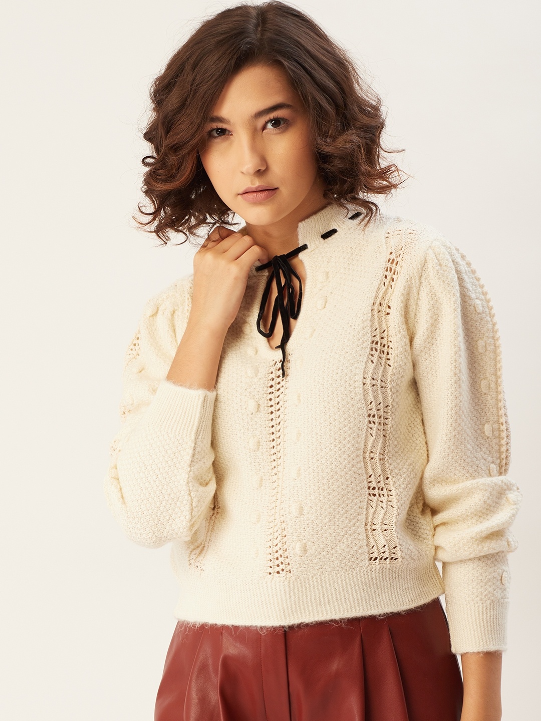

MANGO Women Off White Open Knit Tie-Up Neck Pullover