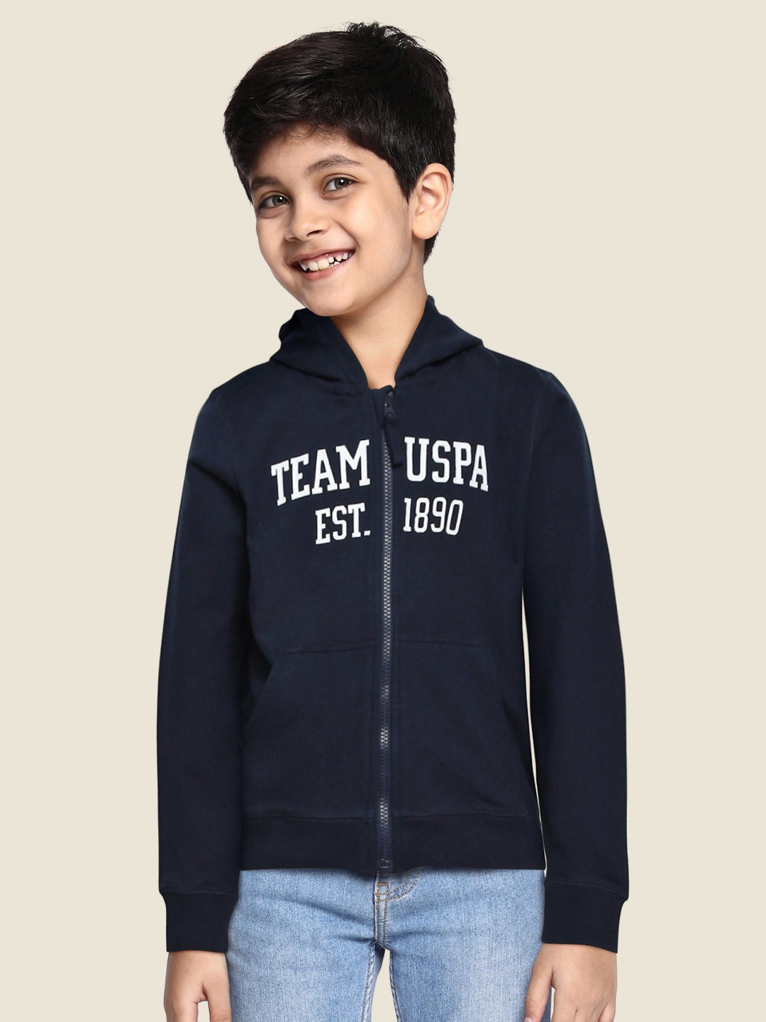 

U.S. Polo Assn. Kids Boys Blue & Off-White Printed Hooded Sweatshirt