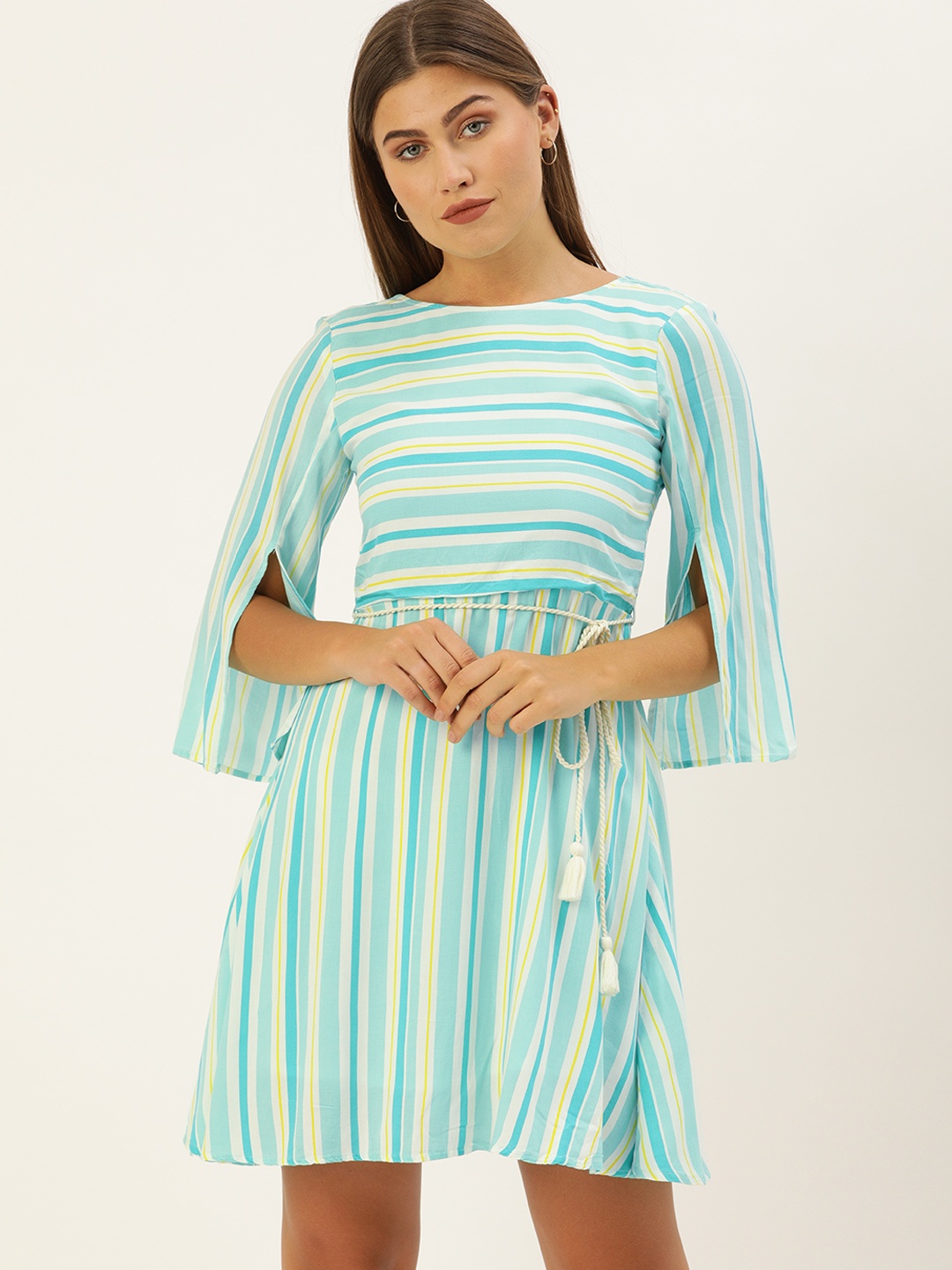 

AND Women Turquoise Blue & White Striped A-Line Dress