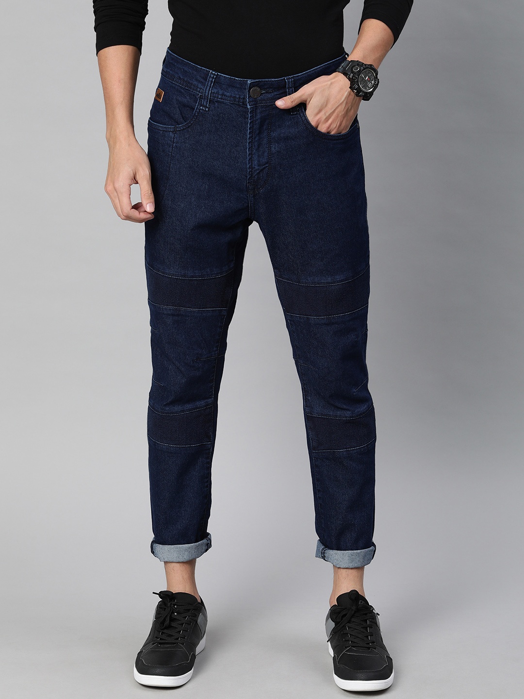 

WROGN Men Blue Carrot Fit Mid-Rise Clean Look Stretchable Biker Jeans