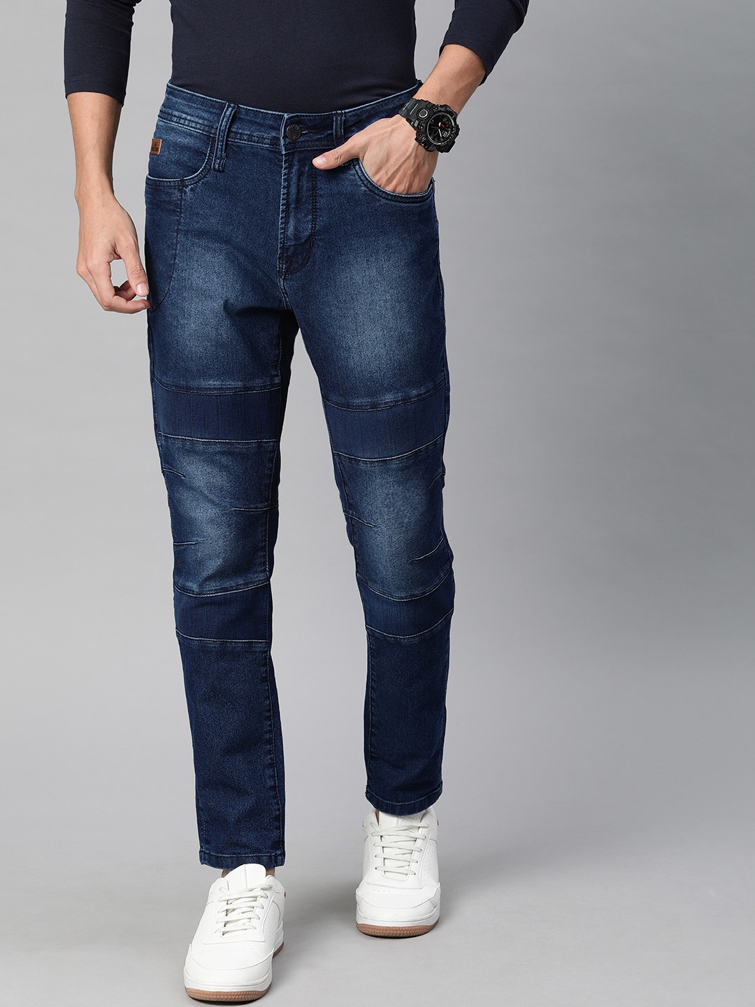 

WROGN Men Blue Carrot Fit Mid-Rise Clean Look Stretchable Biker Jeans