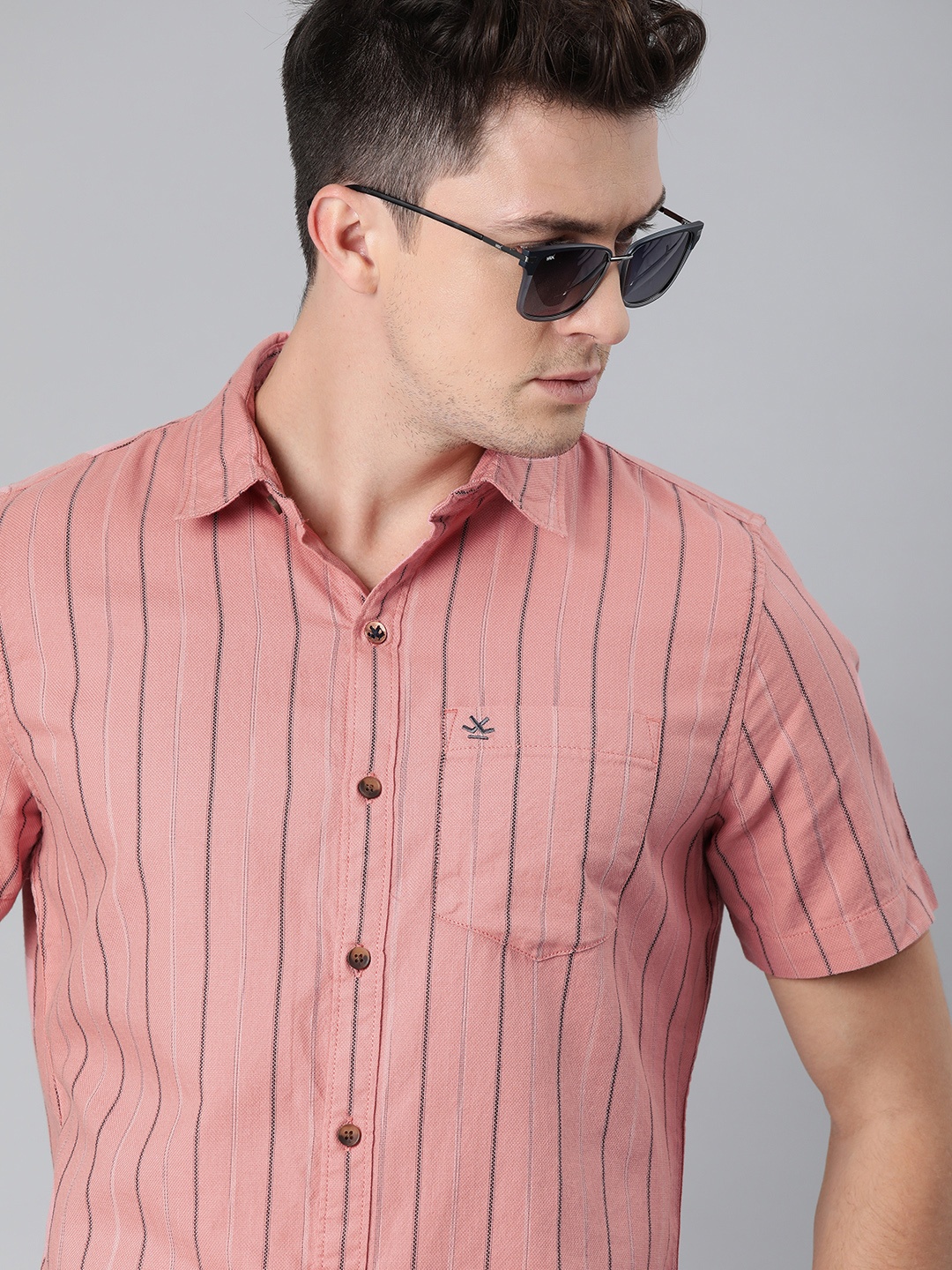 

WROGN Men Peach-Coloured Regular Fit Striped Casual Shirt