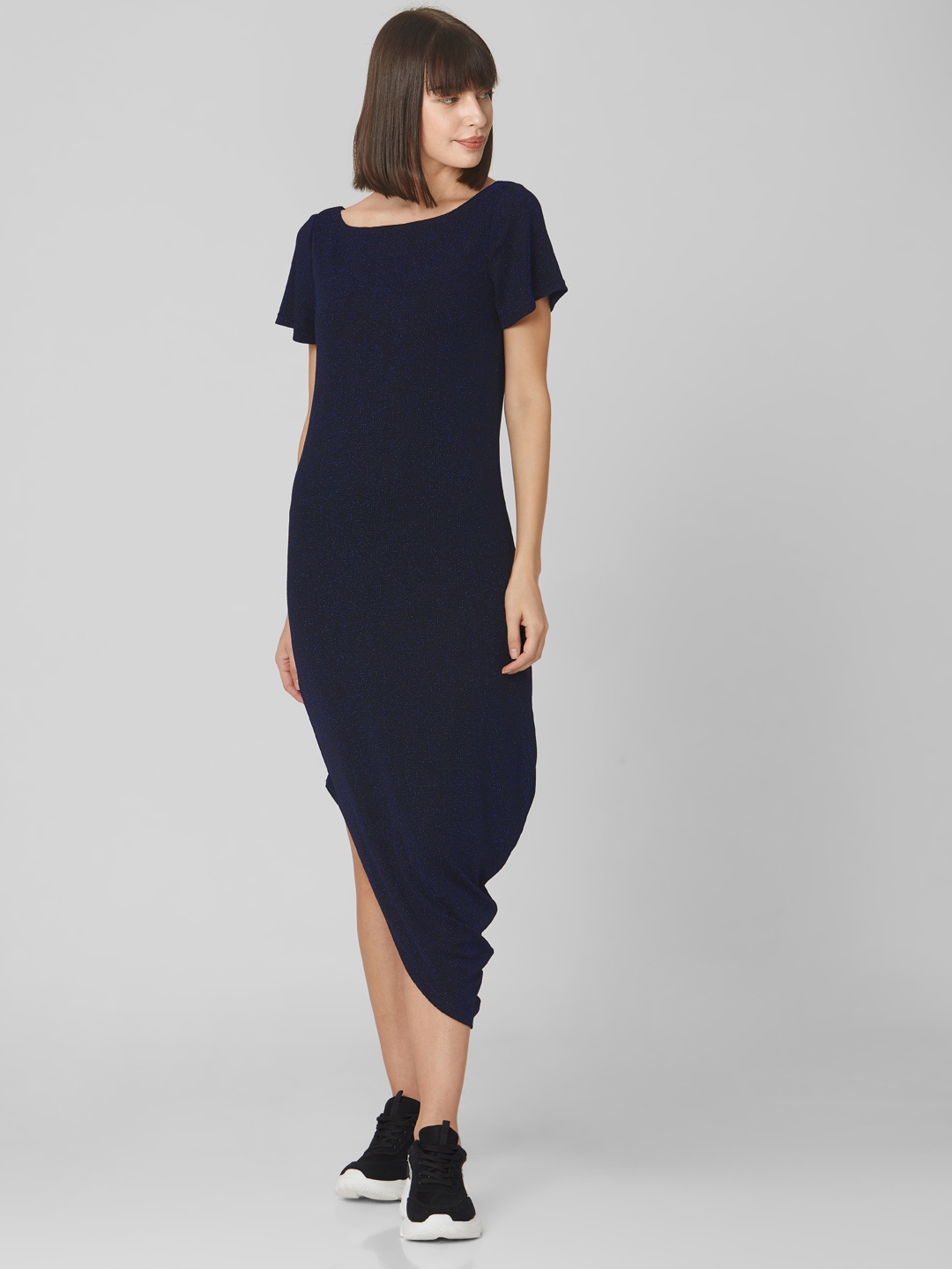 

Vero Moda Women Navy Blue Self Design Shimmer Asymmetric Sheath Dress