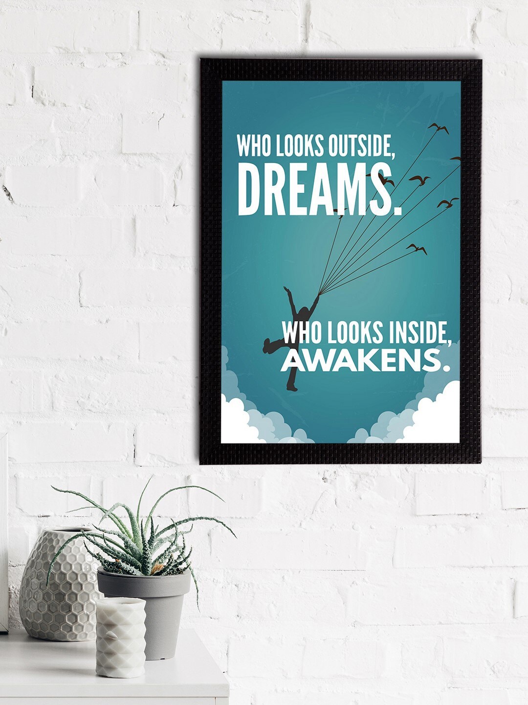 

eCraftIndia White & Blue Who Looks Outside, Dreams Who Looks Inside, Awakens Quote Matt Painting