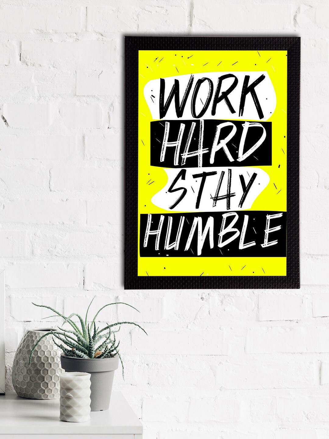 

eCraftIndia Yellow & White "Work Hard Stay Humble" Motivational Quote Satin Matt Texture UV Art Painting