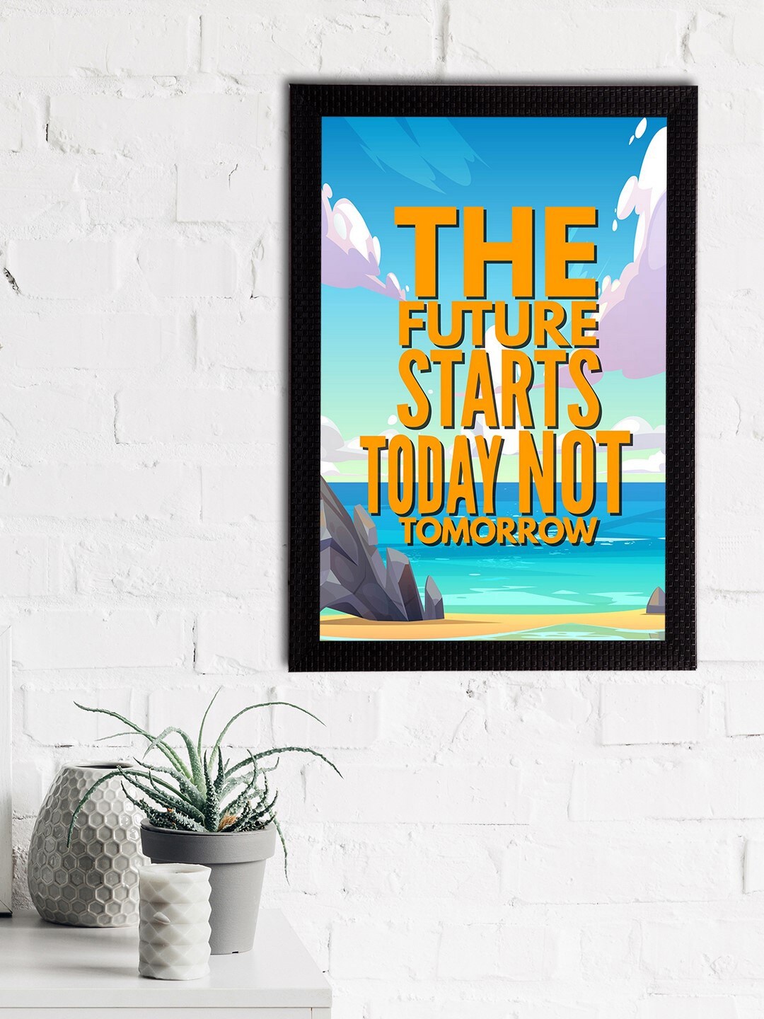

eCraftIndia Blue & Orange "The Future Starts Today Not Tomorrow" Motivational Quote Matt Texture UV Art Painting