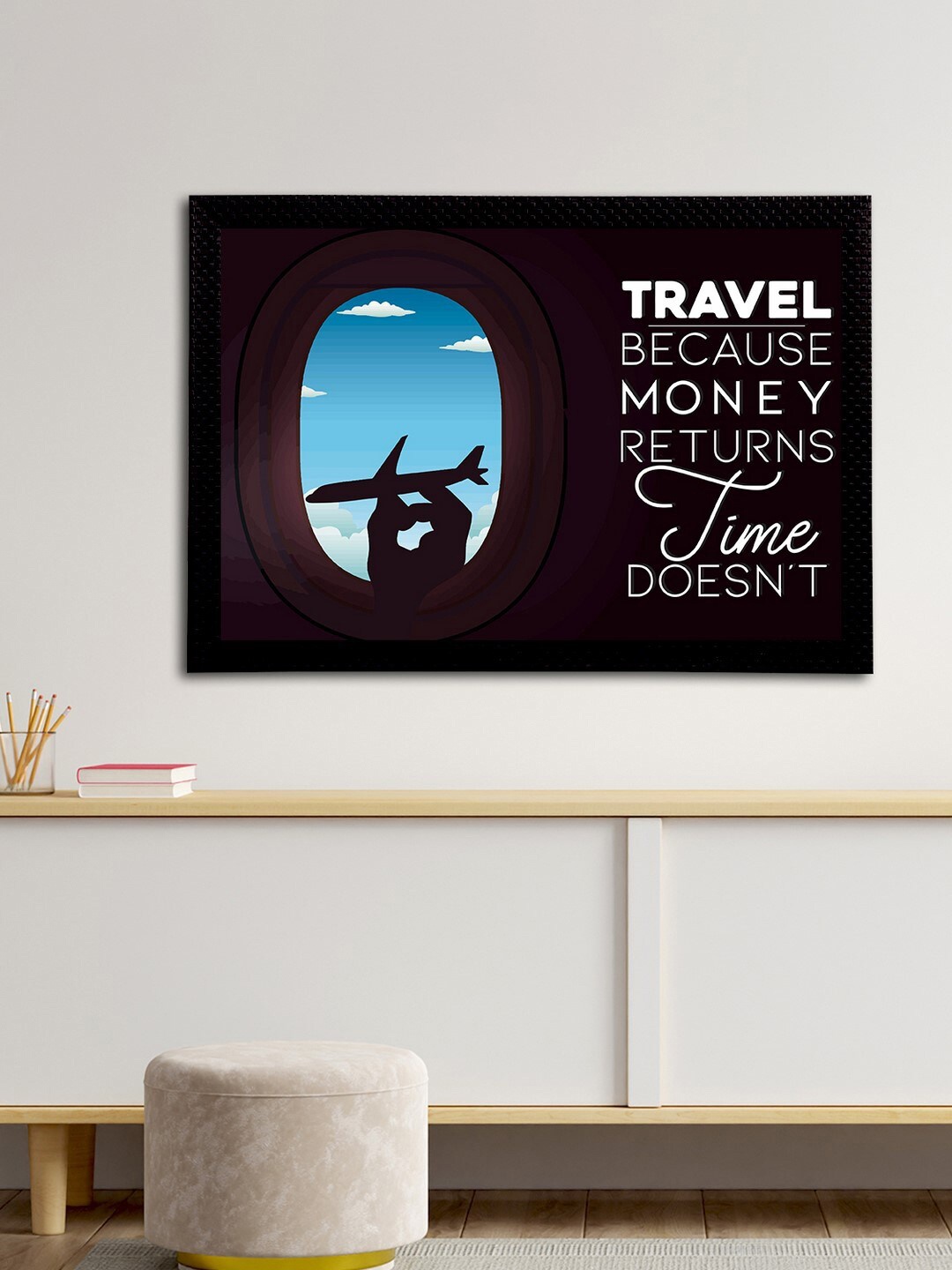 

eCraftIndia Blue & Brown Travel Because Money Returns Time Doesn't Quote Matt Texture UV Art Painting