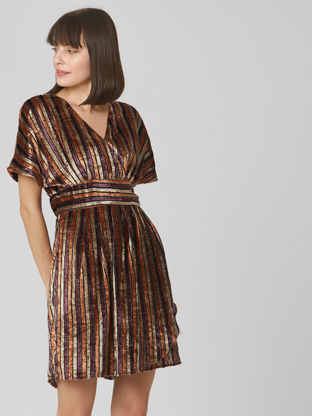 

Vero Moda Women Brown & Orange Striped Wrap Dress