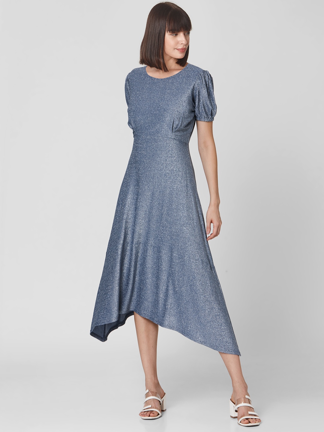 

Vero Moda Women Blue & Silver Solid A-Line Dress with Asymmetric Hem