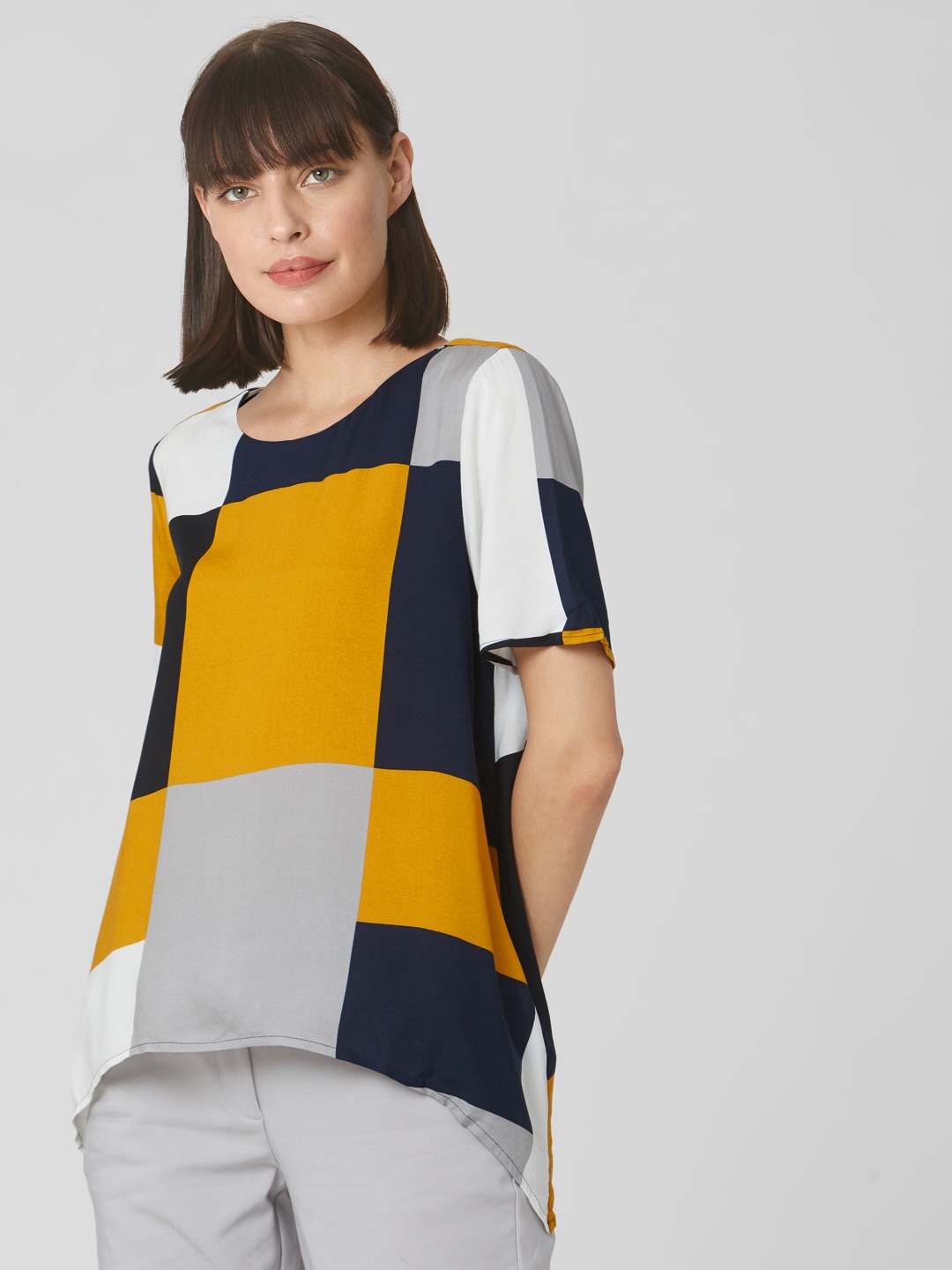 

Vero Moda Women Mustard Yelow & Navy Blue Printed Asymmetric Top