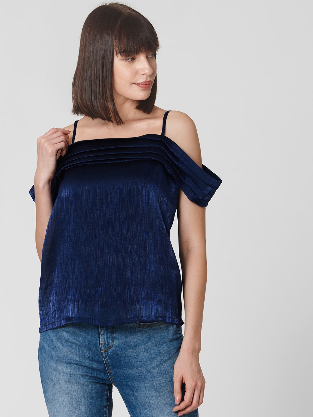 

Vero Moda Women Navy Blue Solid Semi-Sheer Cold-Shoulder Top