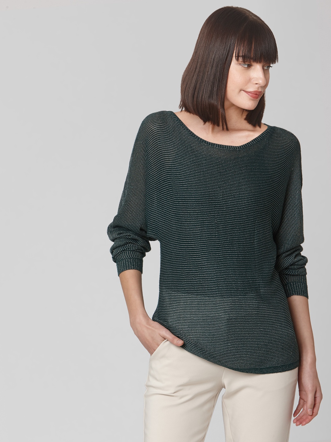 

Vero Moda Women Green & Grey Striped Sheer Top