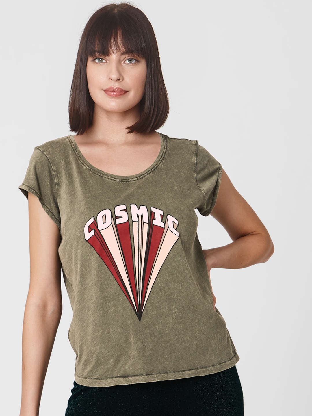 

Vero Moda Women Olive Green Printed Round Neck Pure Cotton T-shirt