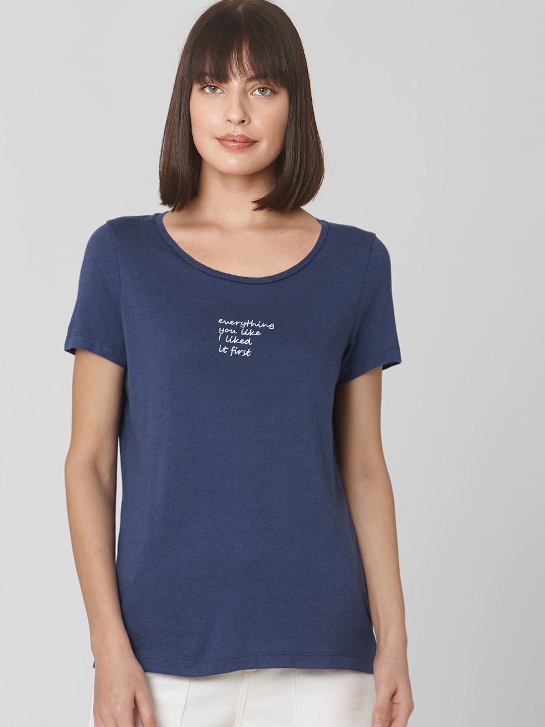 

Vero Moda Women Navy Blue Solid Round Neck T-shirt With Embroidery