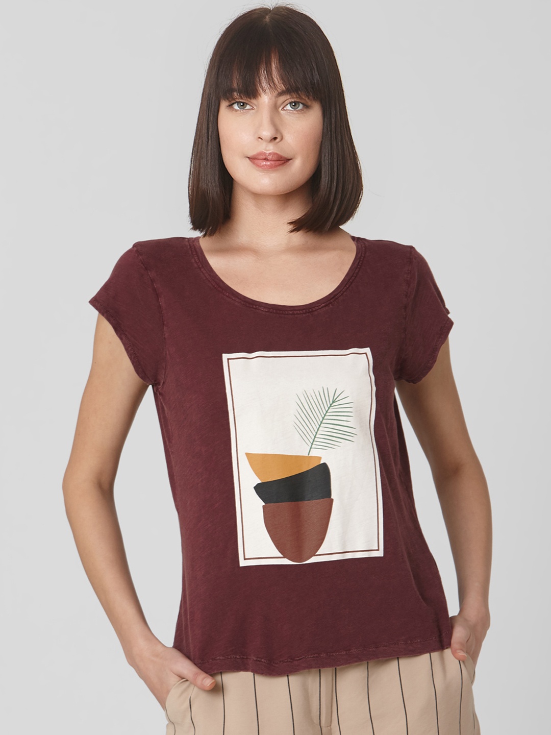 

Vero Moda Women Maroon Printed Round Neck T-shirt