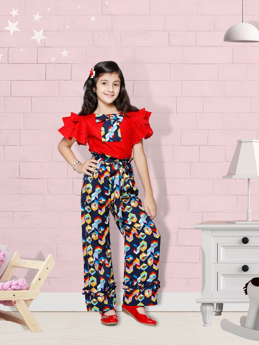 

Cutiekins Girls Red & Blue Printed Top With Palazzos