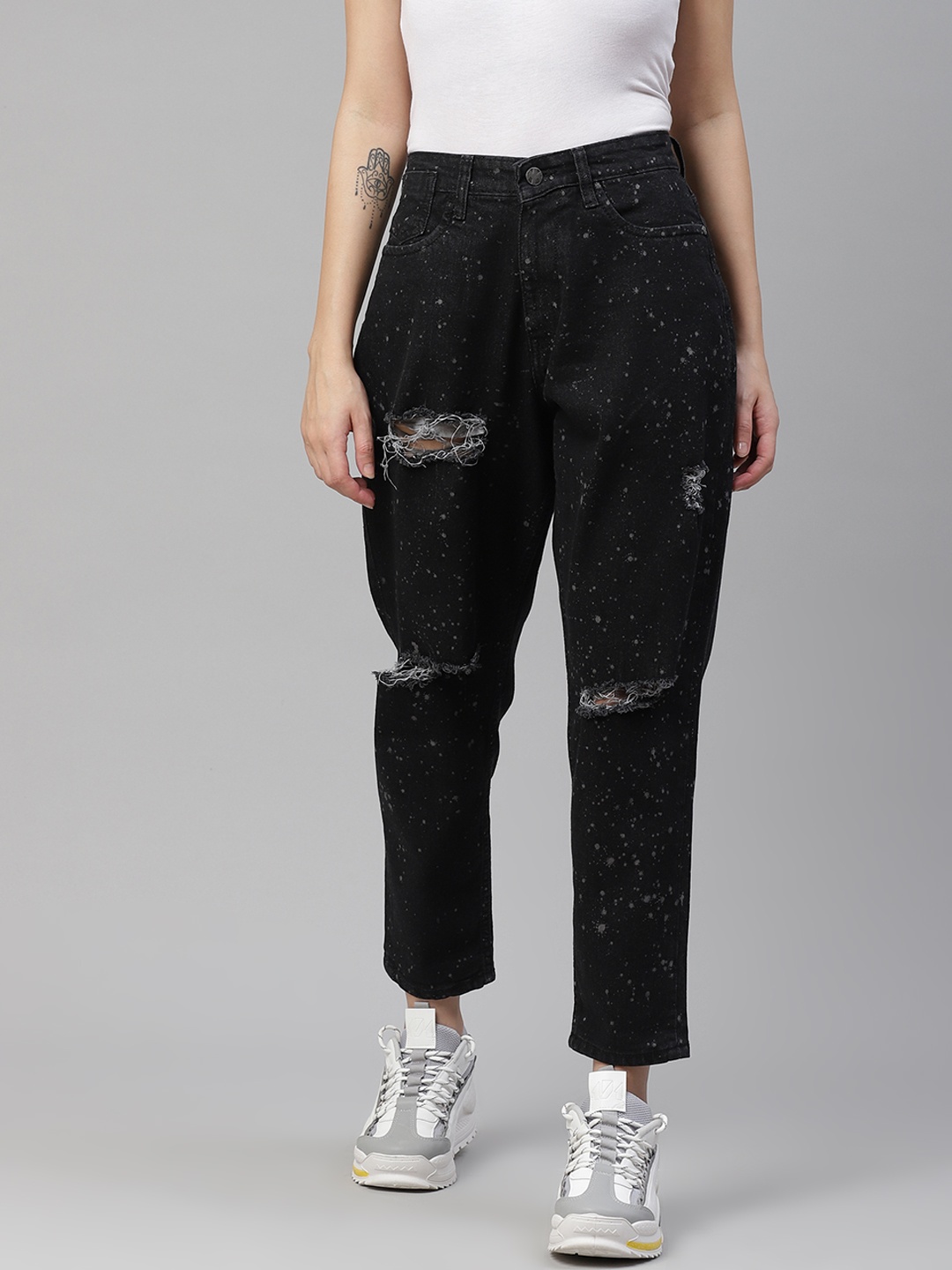 

Kook N Keech Women Black Printed Straight Fit Highly Distressed Stretchable Jeans