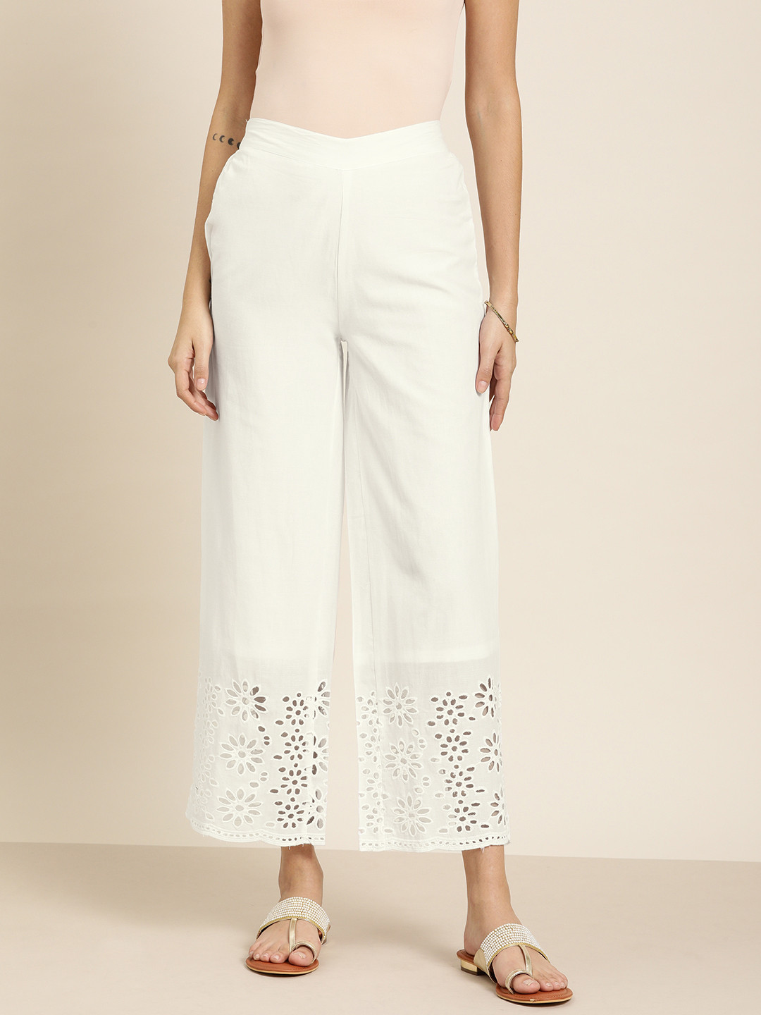 

Moda Rapido Women White Solid Straight Cropped Palazzos with Schiffli Embroidered Detail