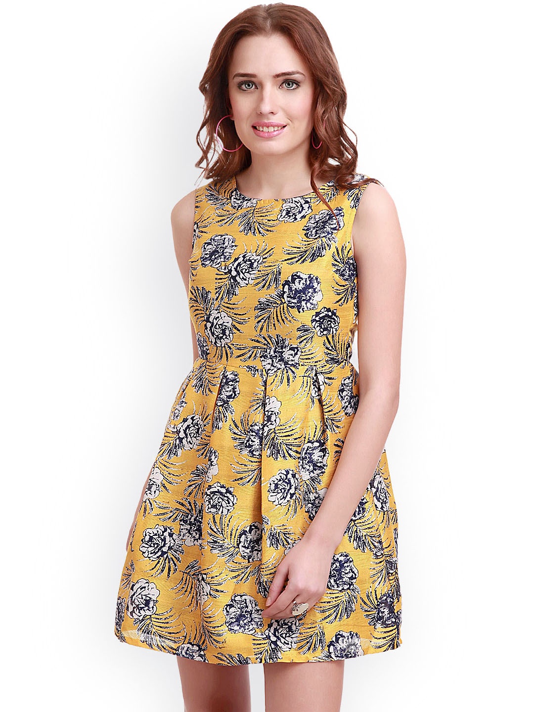 

SASSAFRAS Yellow Floral Print Silk Fit & Flare Dress
