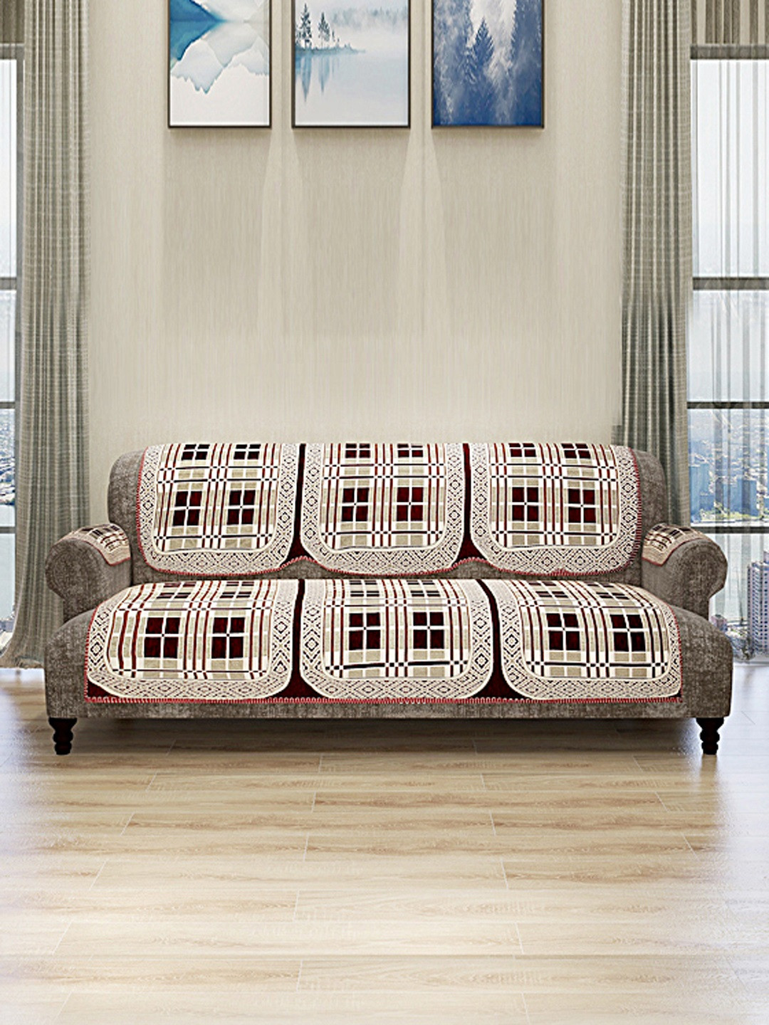 

ROMEE Set Of 6 Cream-Coloured & Maroon Checked 5-Seater Sofa Covers with 6 Arms Covers