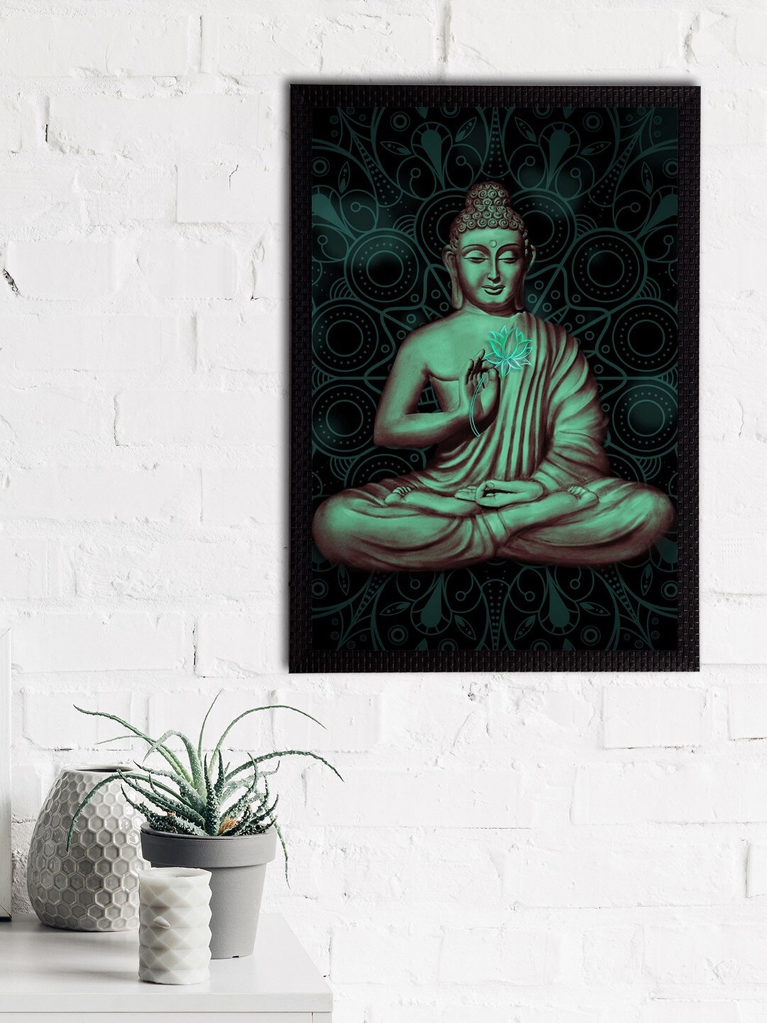 

eCraftIndia Black & Green Meditating Lord Buddha Satin Matt Texture UV Wall Painting