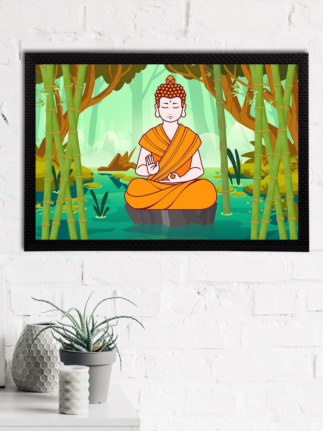 

eCraftIndia Green & Mustard-Yellow Meditating Lord Buddha Satin Matt Textured UV Wall Art