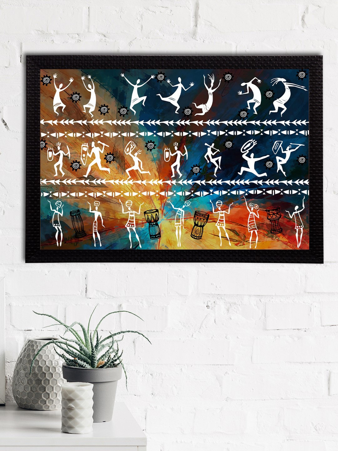 

eCraftIndia White & Black Tribal Theme Satin Matt Textured UV Wall Art